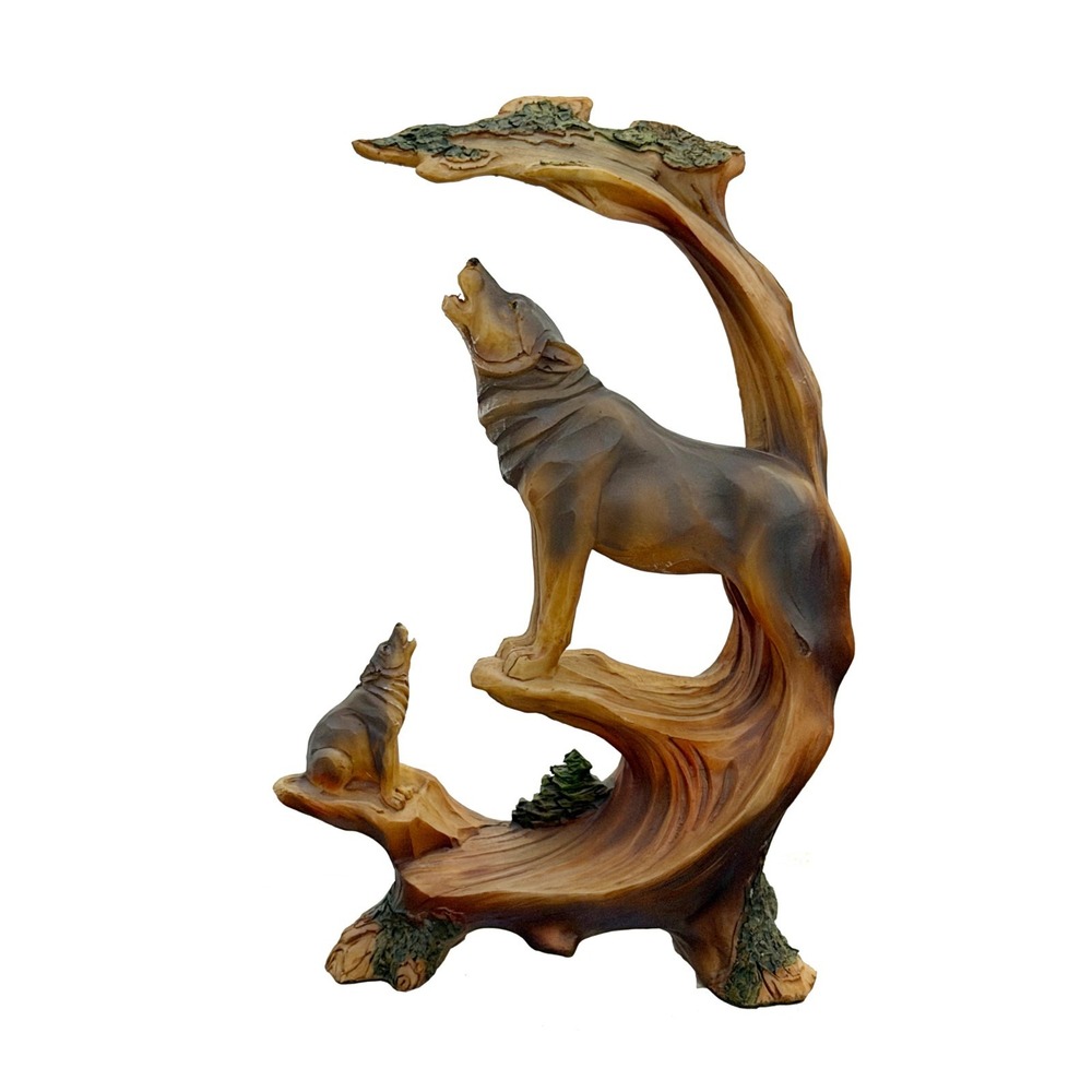 Howling Wolf and Pup Figurine Carved Look Hand Painted Polystone 8.75" Tall